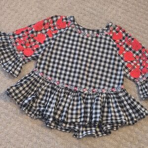 Pankaj & Nidhi Anthropologie Black And White Gingham Embroidered, Applique Top